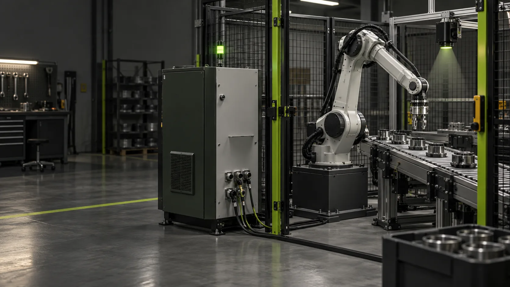 Concept rendering of a robot workcell and industrial edge unit.