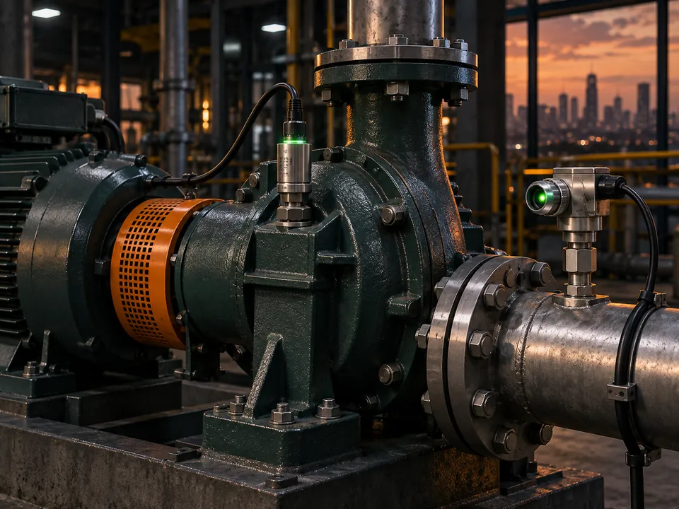 Industrial pump with condition-monitoring sensors.
