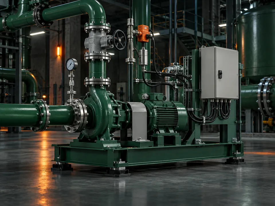 Green industrial pump skid with valves, sensors and control cabinet.