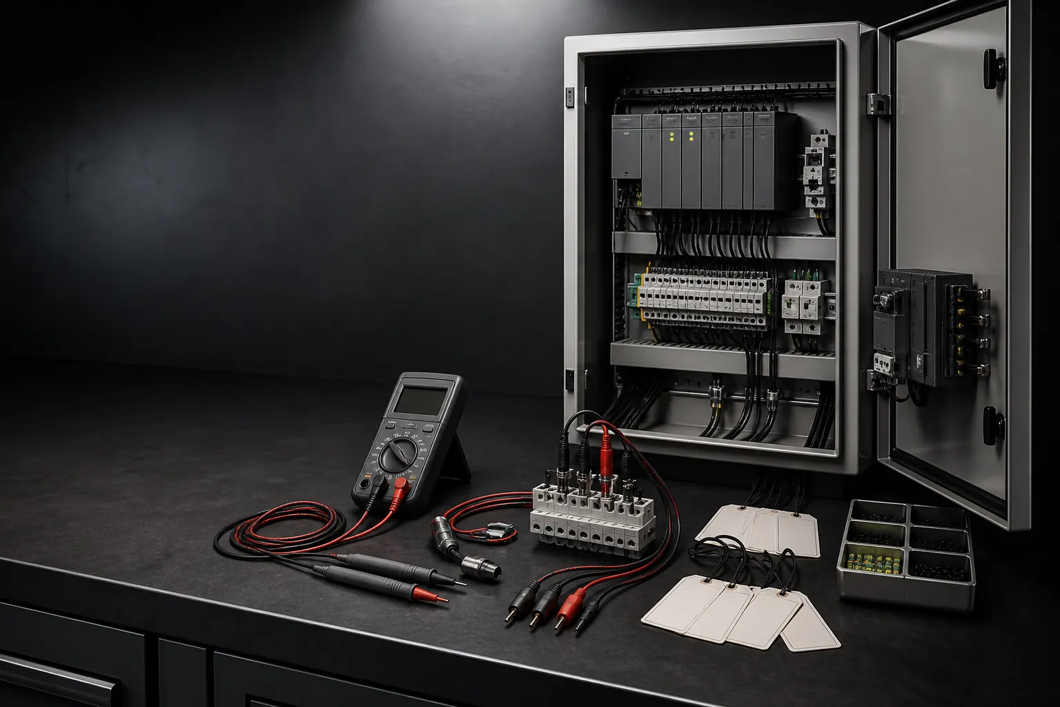 Conceptual engineering verification bench with an open control cabinet, measurement tools and test wiring.