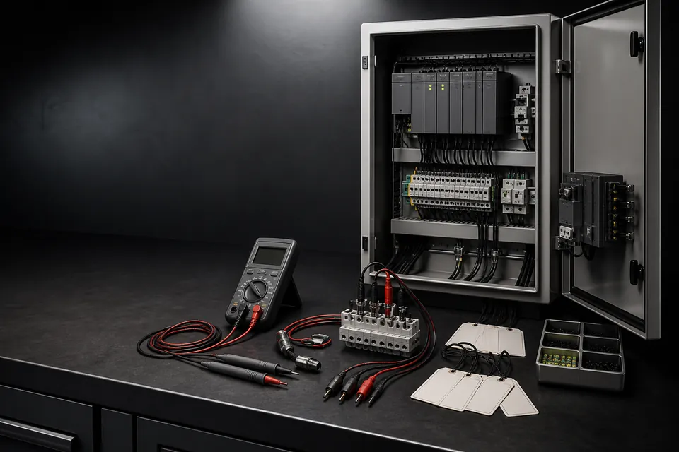 Conceptual industrial control verification bench with an open cabinet, meter and test leads.